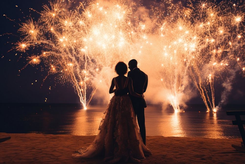 Black people wedding beach fireworks outdoors.