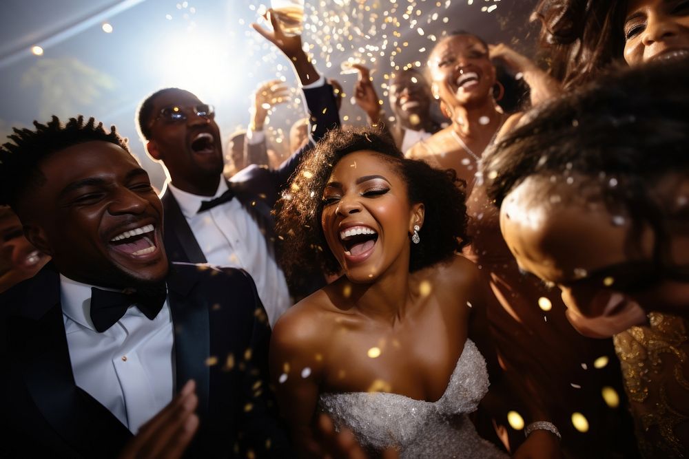 Black people wedding party celebration laughing.
