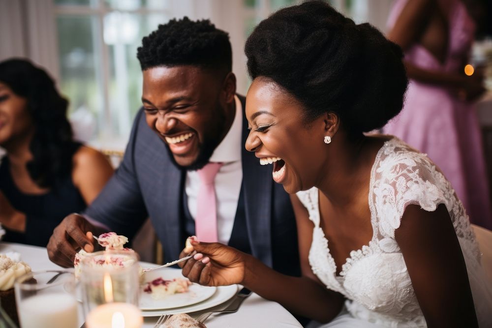 Black people wedding laughing adult bride.