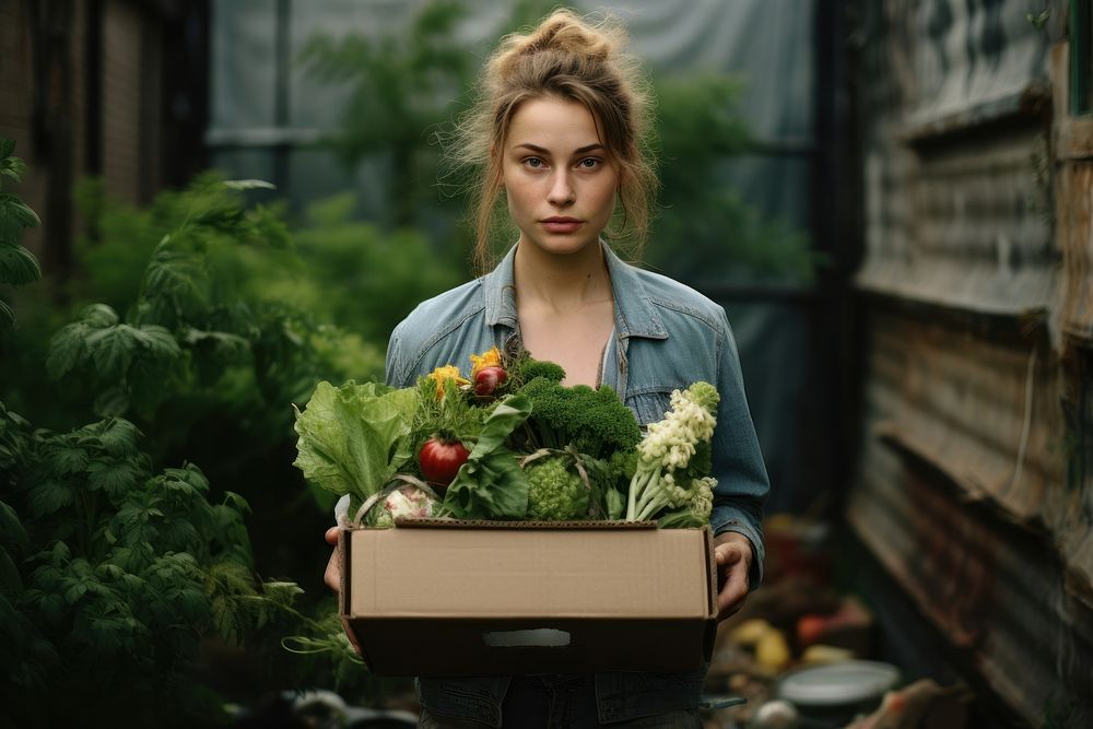 Young woman carrying a box with vegetables garden gardening portrait.