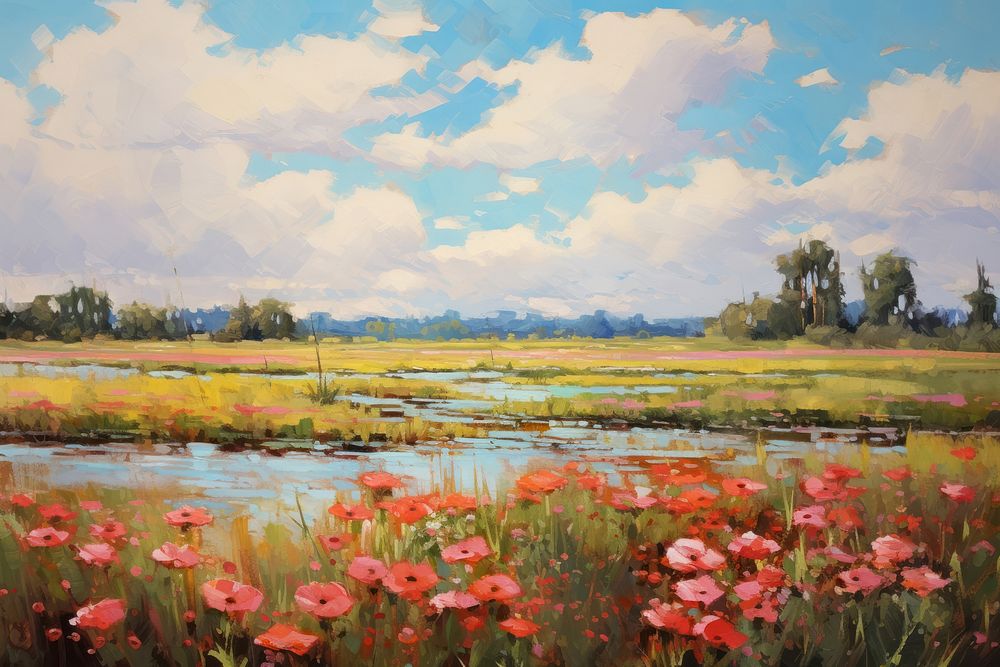  Field of red flowers landscape painting grassland. 