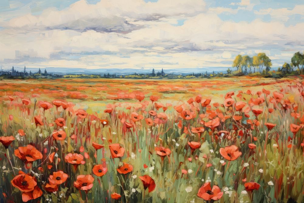  Field of red flowers painting landscape grassland. 