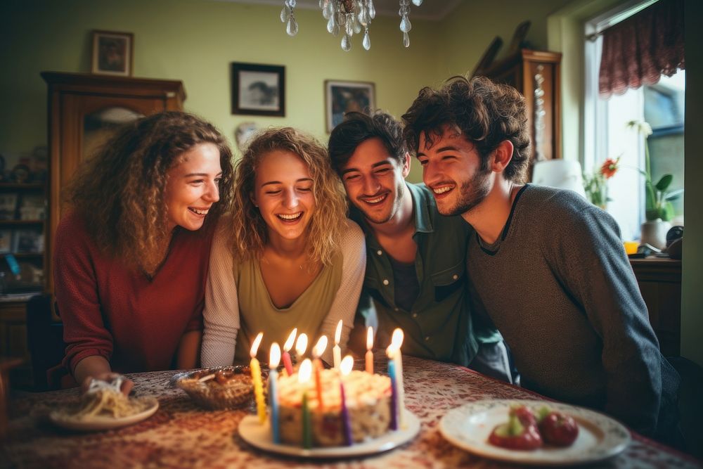 Four friends celebrating a birthday dessert party adult.