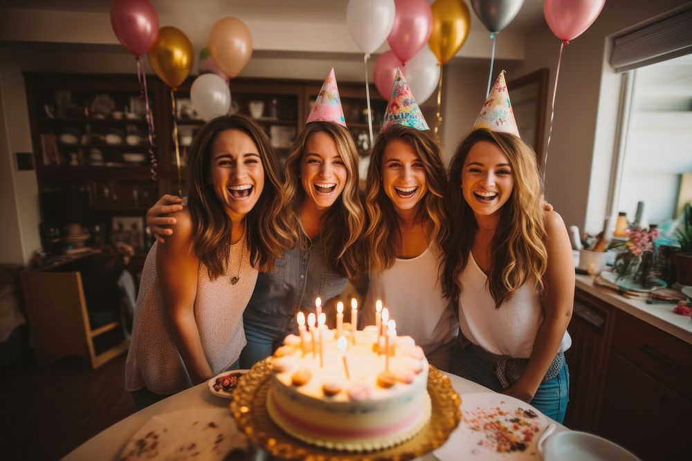 Four friends celebrating a birthday balloon dessert party.