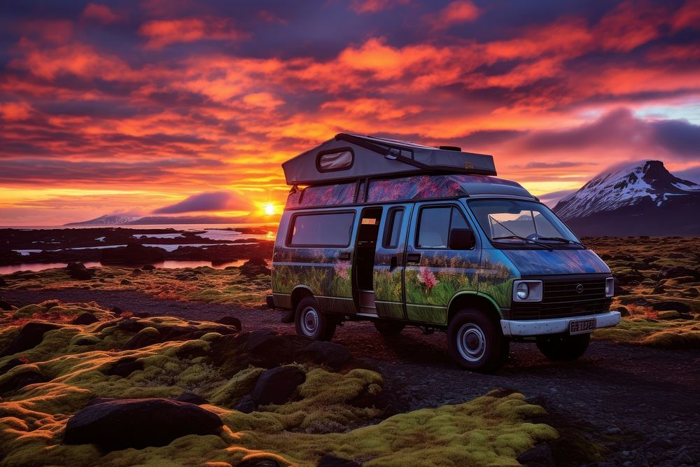 Sunset Scene of Moss cover on volcanic landscape van outdoors vacation.