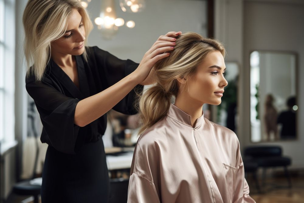 Female hairdresser making hairstyle to blonde woman in beauty salon female adult togetherness.