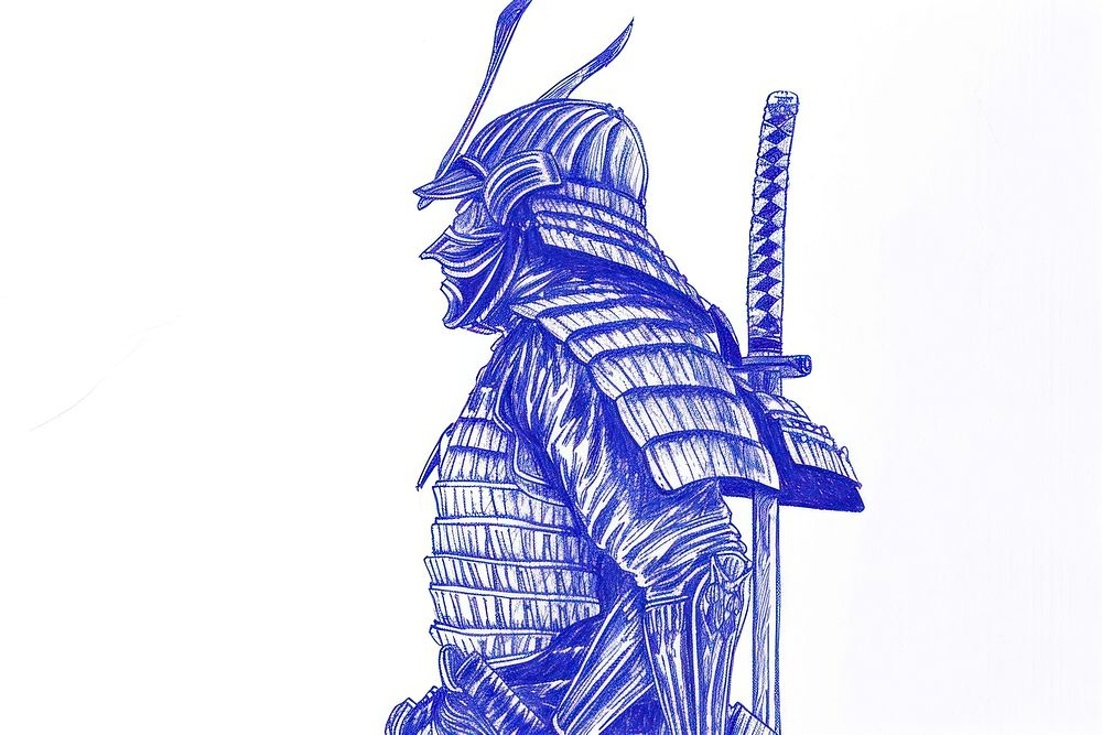 Vintage drawing Samurai samurai sketch blue.