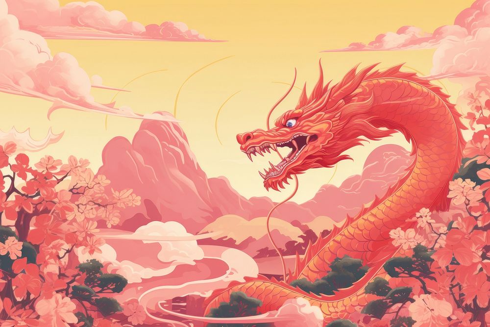  Art painting an illustration of gold and pink and yellow dragon nature outdoors cartoon. AI generated Image by rawpixel.