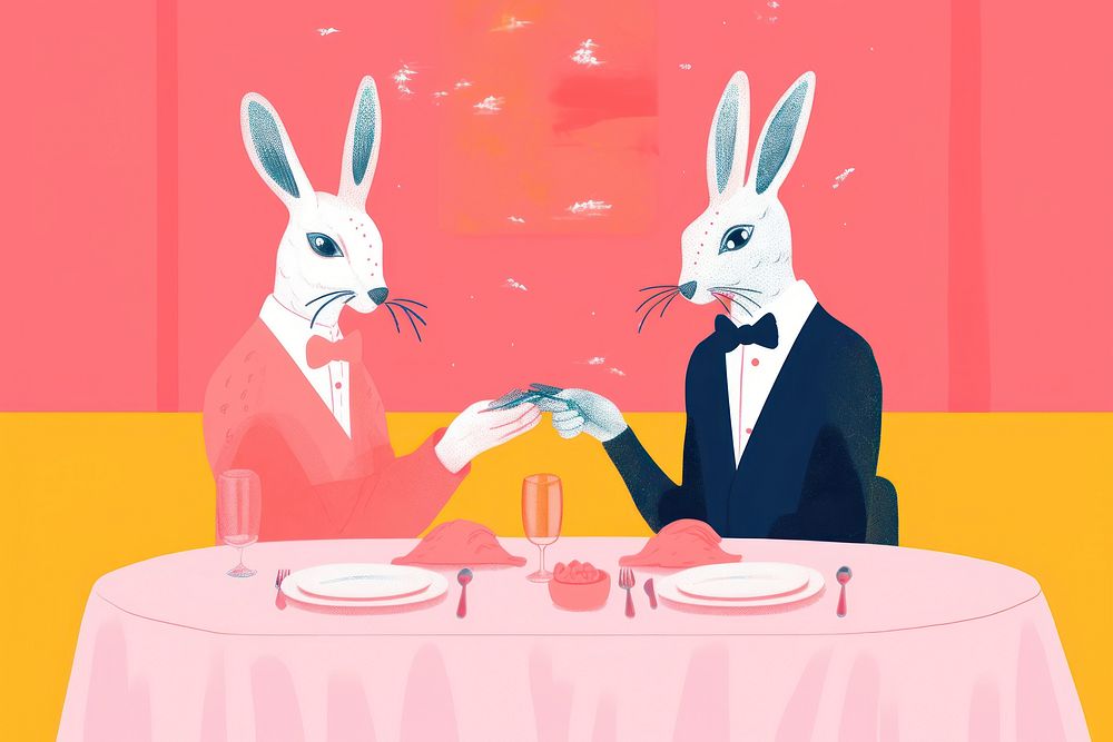  Art painting an illustration of 2 rabbit wear cloth and hold hand cartoon table togetherness. AI generated Image by…