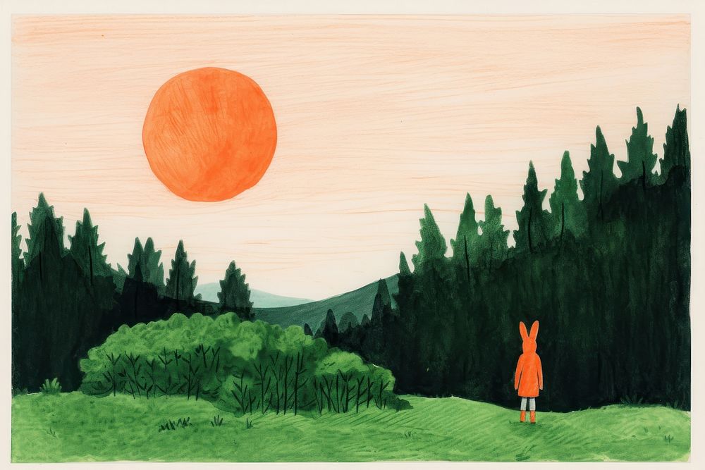  Art painting an illustration of one rabbit standing alone forest outdoors nature. AI generated Image by rawpixel.