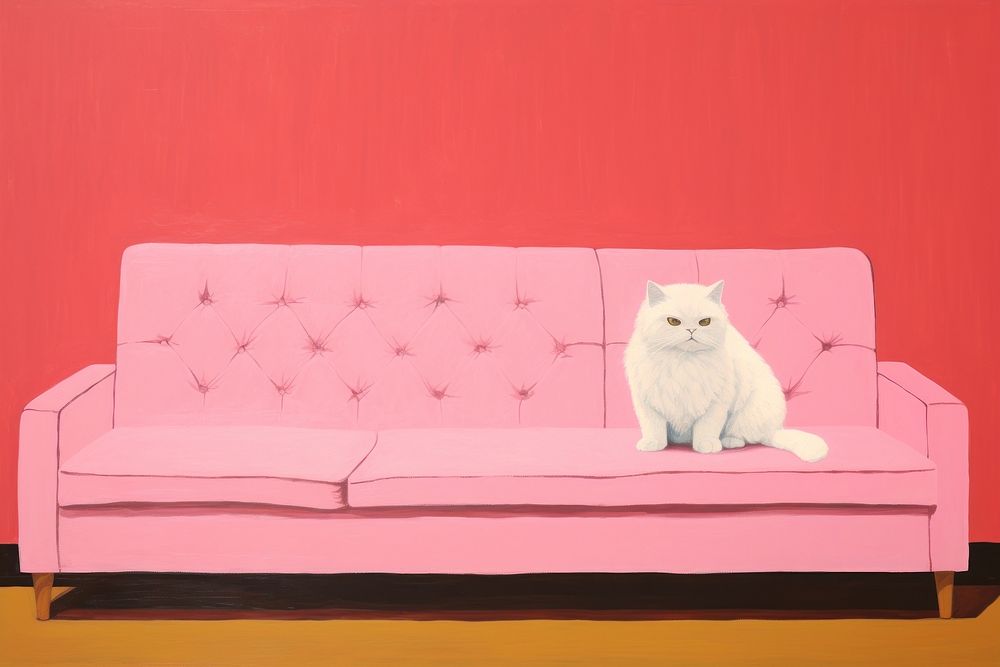  Art painting an illustration of one white cat standing alone on brown sofa furniture mammal animal. AI generated Image by…