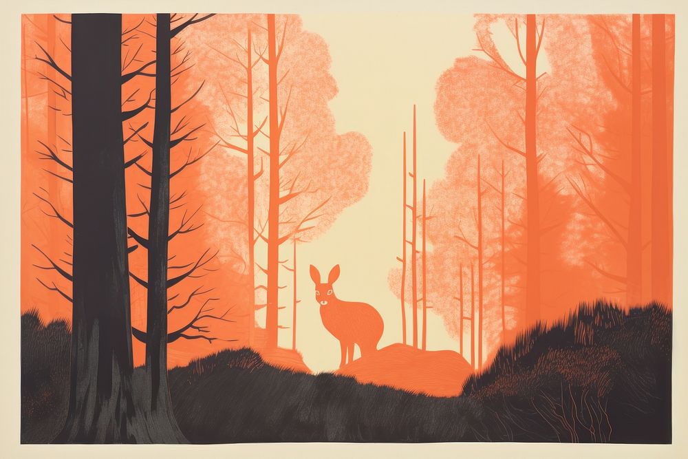  Art painting an illustration of one rabbit standing alone kangaroo outdoors forest. AI generated Image by rawpixel.