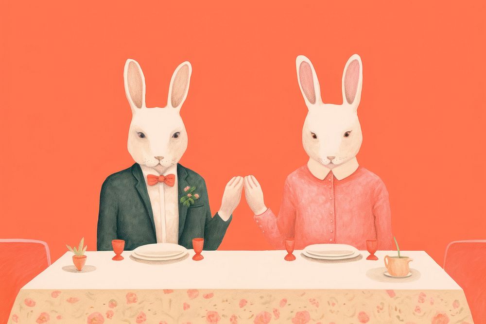  Art painting an illustration of 2 rabbit wear cloth and hold hand dinner mammal table. 