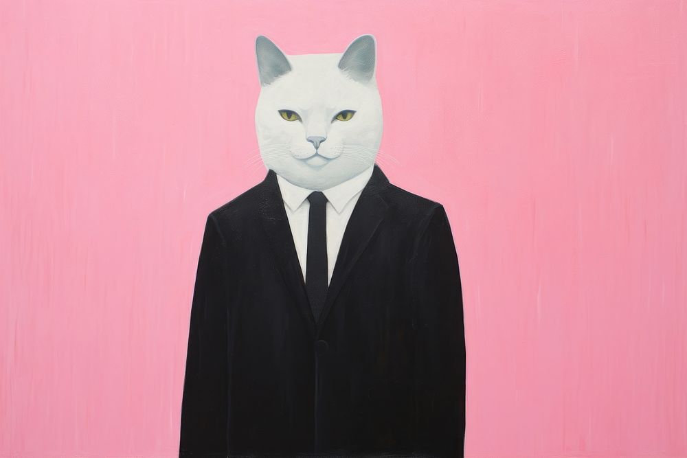  Art painting an illustration of one white cat wear black suit standing alone portrait mammal animal. AI generated Image by…