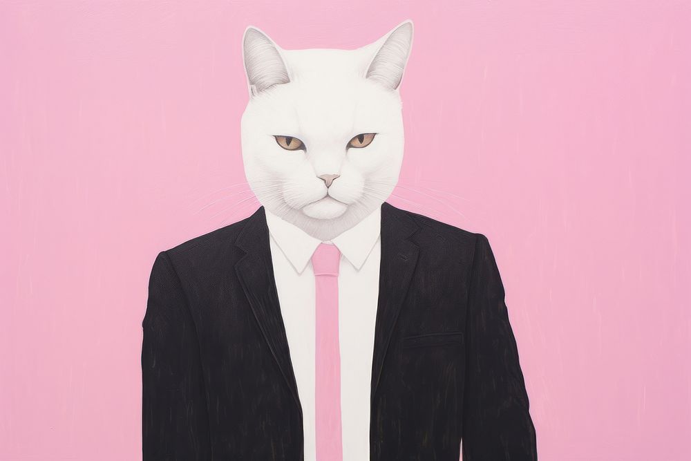  Art painting an illustration of one white cat wear black suit standing alone animal mammal adult. AI generated Image by…