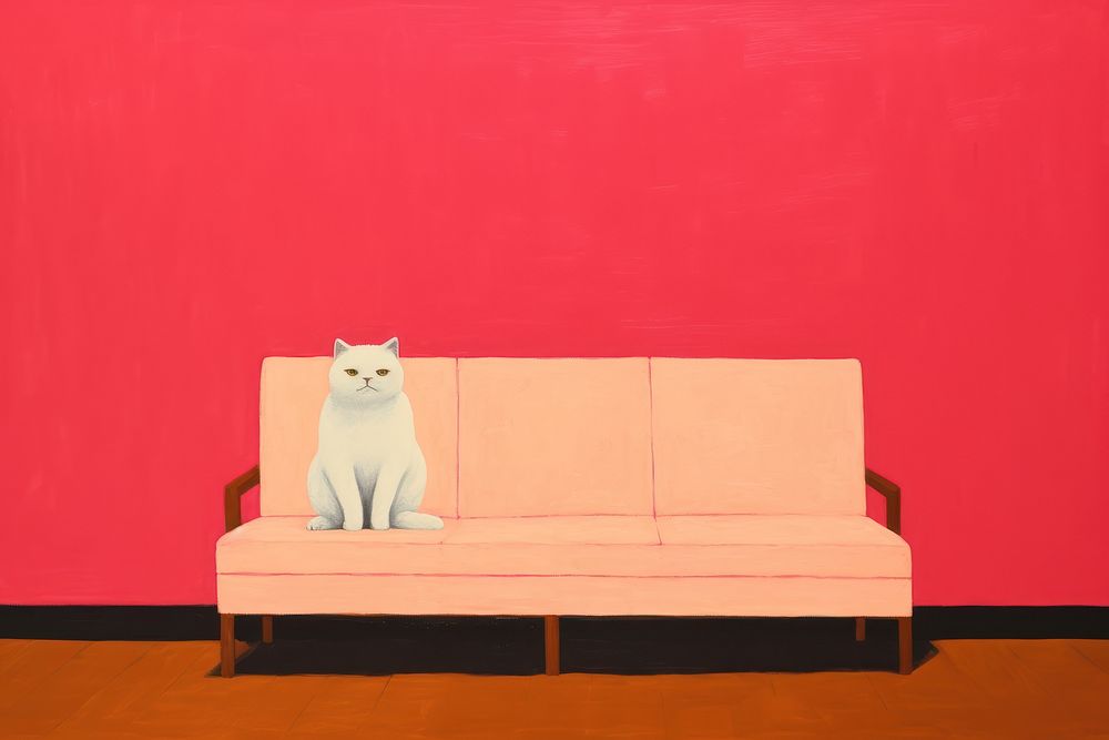  Art painting an illustration of one white cat standing alone on brown sofa furniture mammal animal. AI generated Image by…