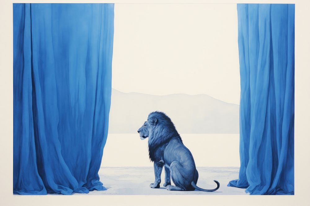  Art painting an illustration of one lion standing alone curtain mammal animal. AI generated Image by rawpixel.