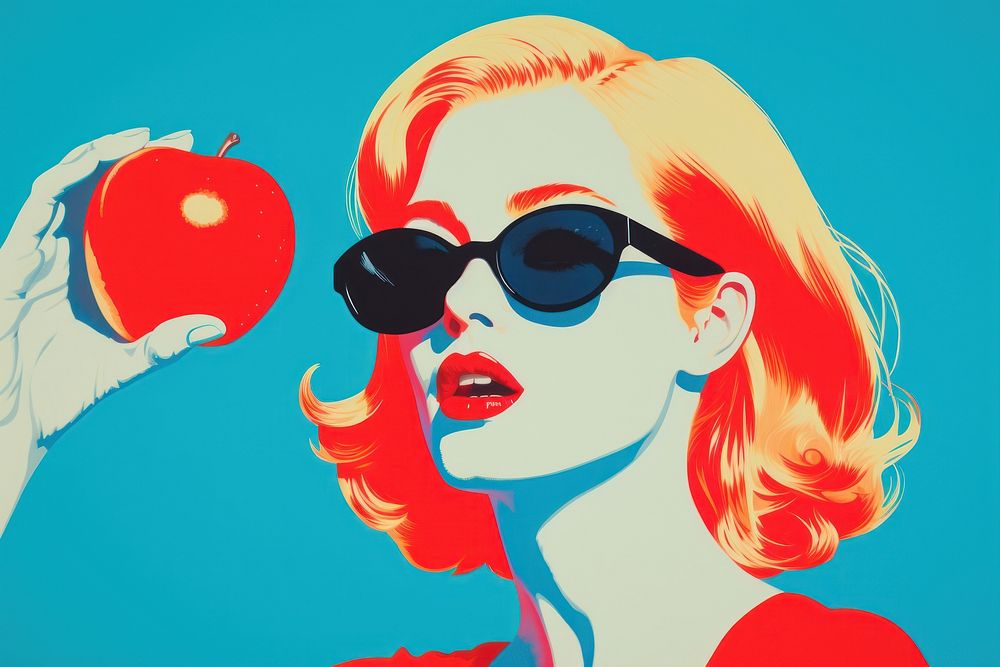  Art painting an illustration portrait of women eat apple sunglasses cartoon adult. 