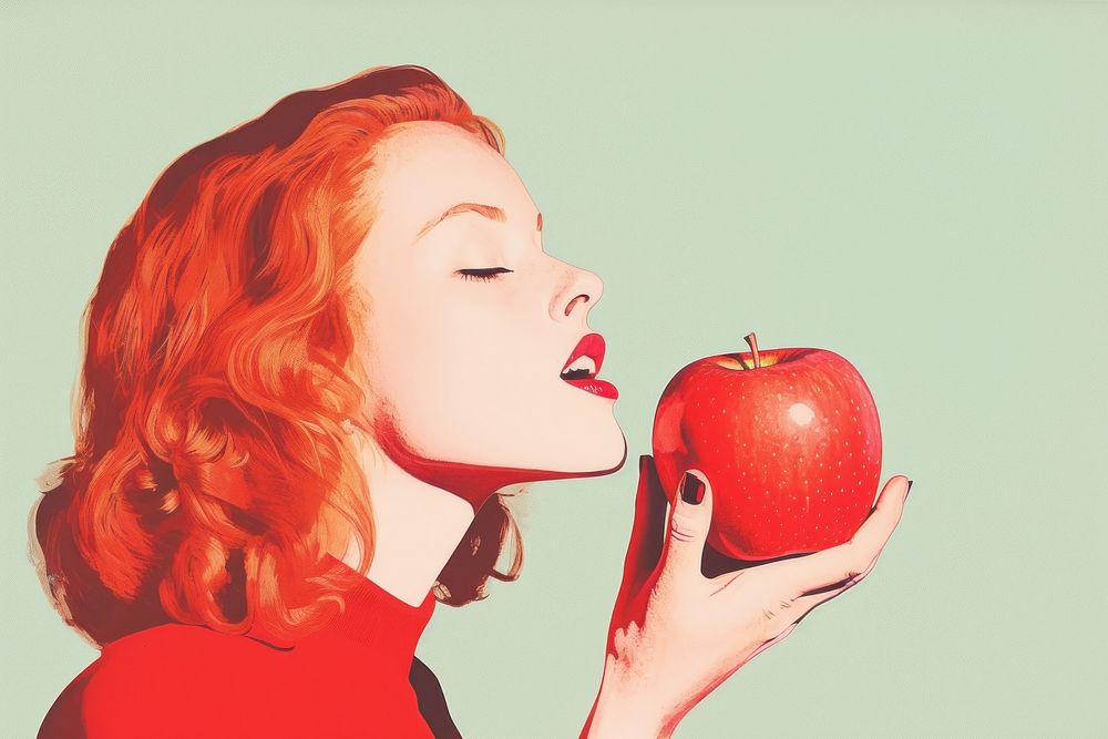  Art painting an illustration portrait of women eat apple adult fruit food. AI generated Image by rawpixel.