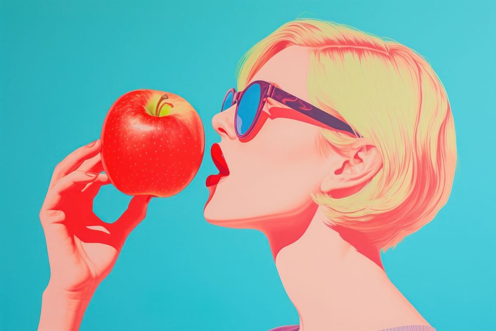  Art painting an illustration portrait of women eat apple adult food sunglasses. AI generated Image by rawpixel.