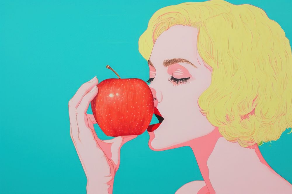  Art painting an illustration portrait of women eat apple fruit adult plant. AI generated Image by rawpixel.