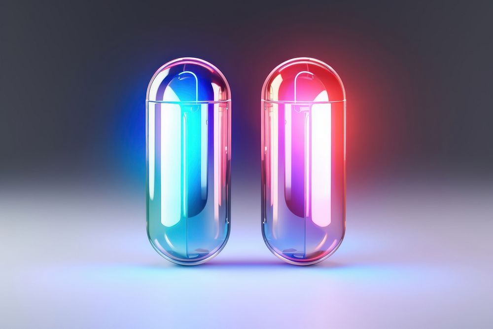 Two iridescent medicine capsules pill illuminated technology. AI generated Image by rawpixel.