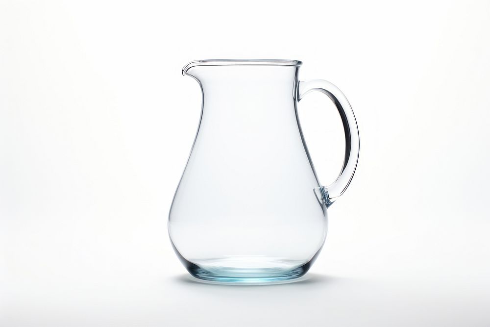 Glass pitcher transparent jug white background.