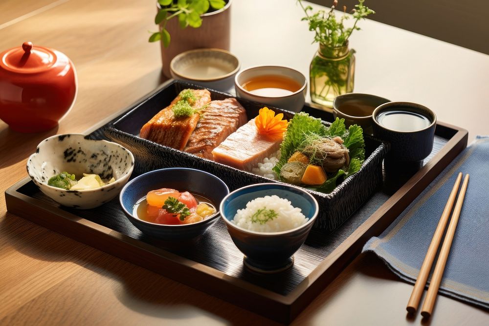 Japanese lunch set chopsticks food meat. AI generated Image by rawpixel.