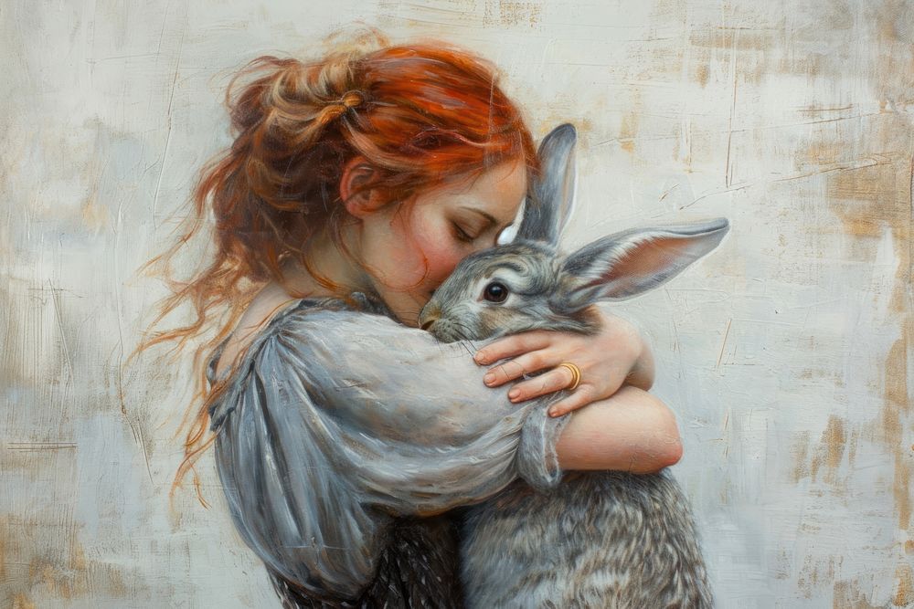 A woman hugging a rabbit painting portrait animal.