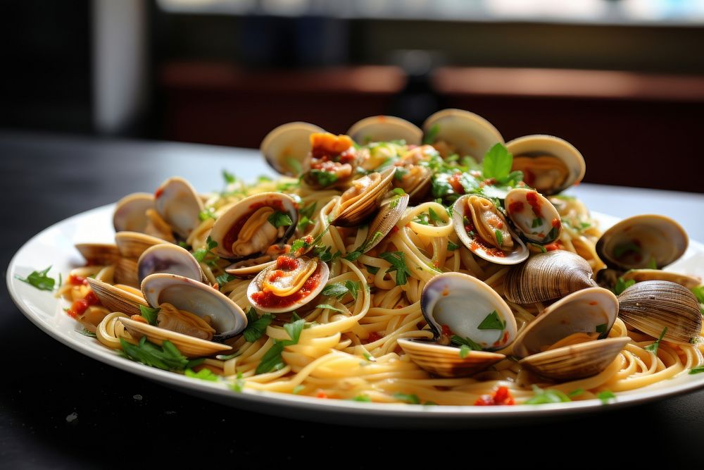 Pasta with clams plate spaghetti seafood. AI generated Image by rawpixel.