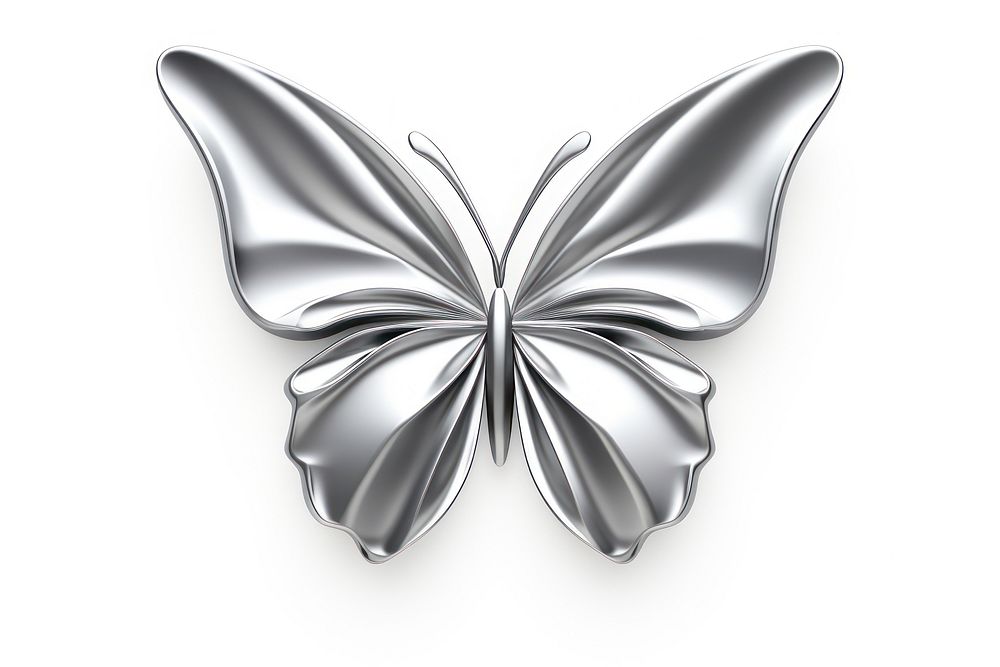 Butterfly in Chrome material silver shiny white background.