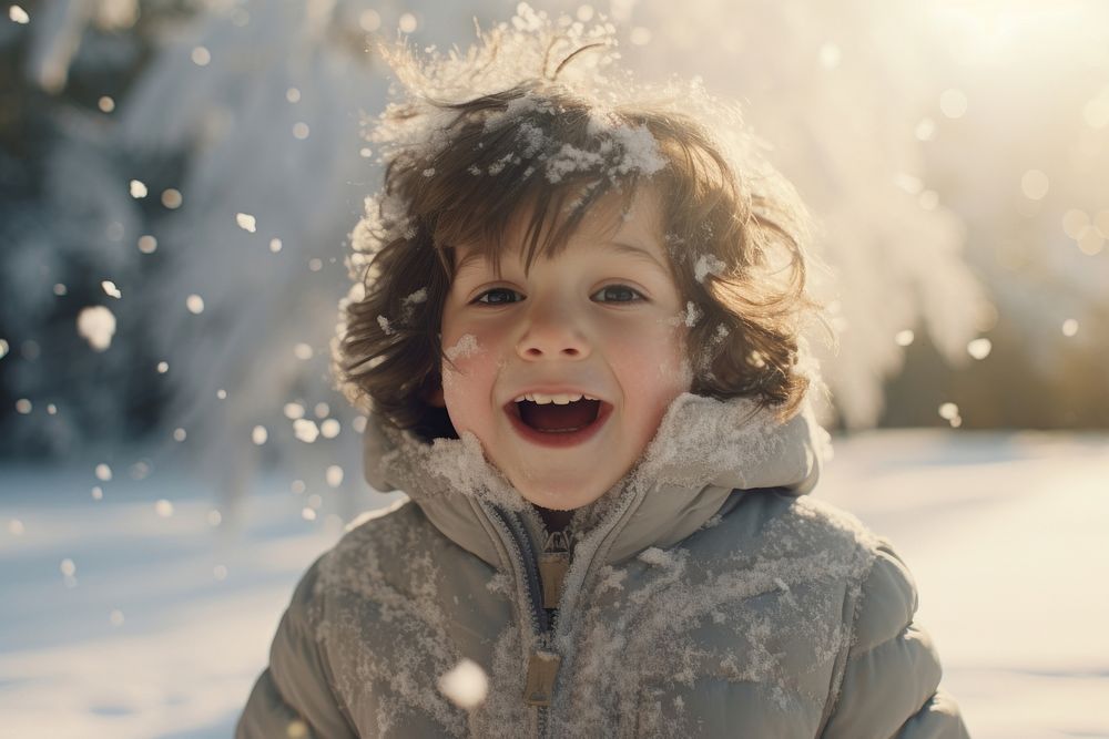 Child blowing snow portrait outdoors smile.