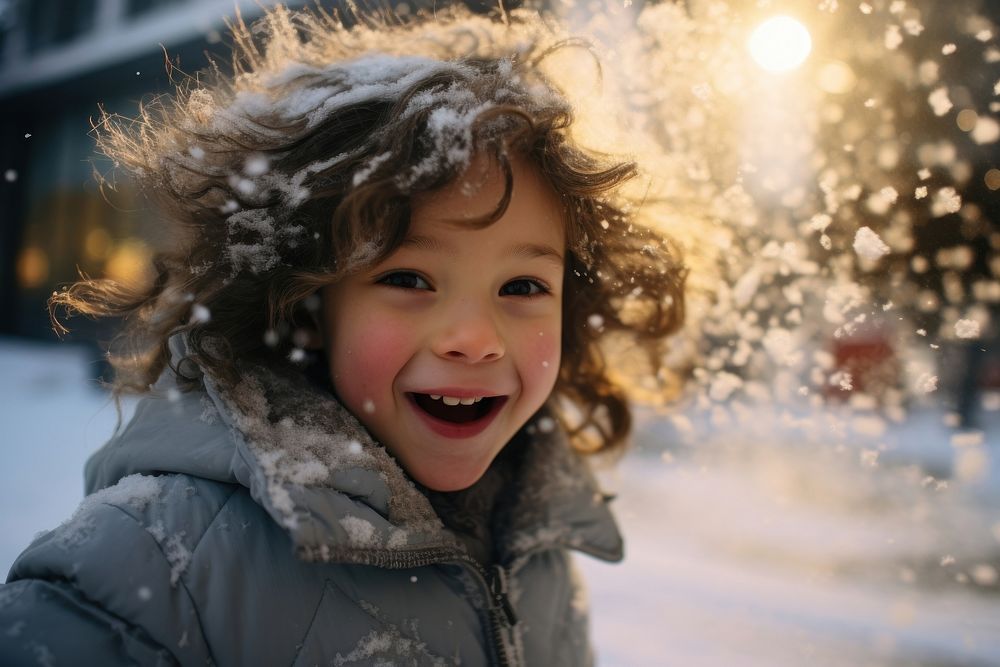Child blowing snow laughing portrait outdoors.