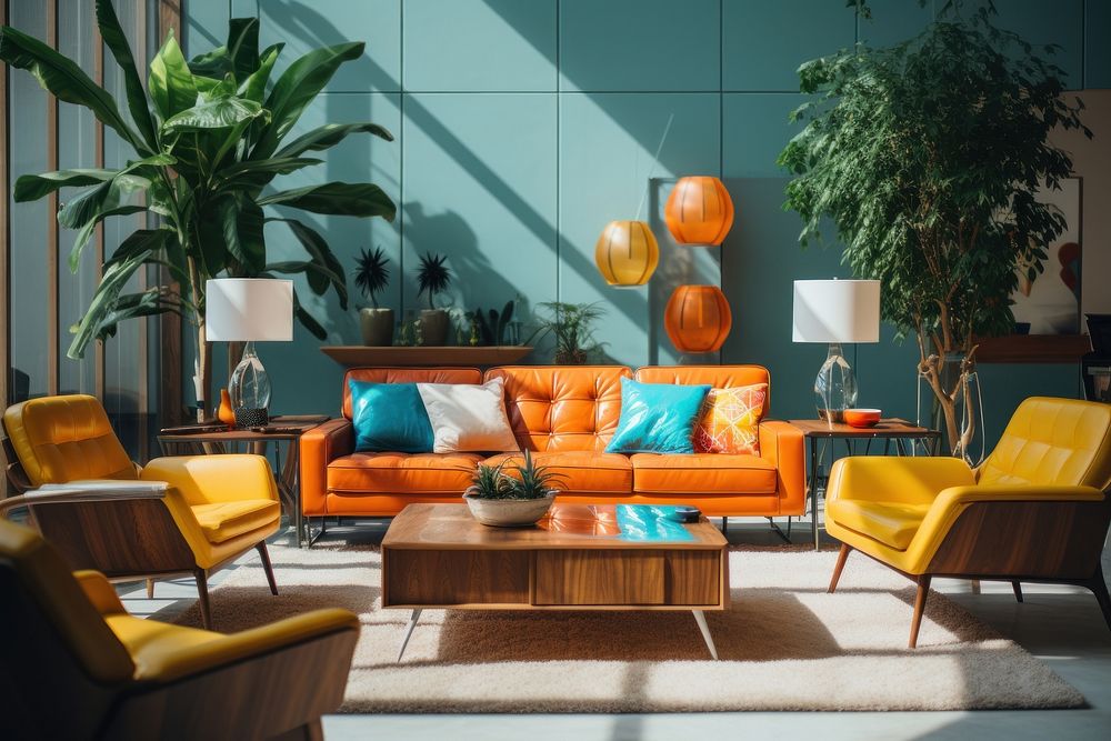 Mid century modern living room furniture architecture cushion. AI generated Image by rawpixel.