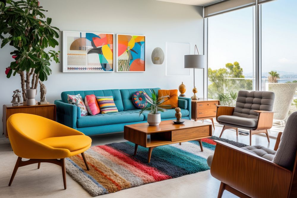 Mid century modern living room furniture architecture apartment. AI generated Image by rawpixel.