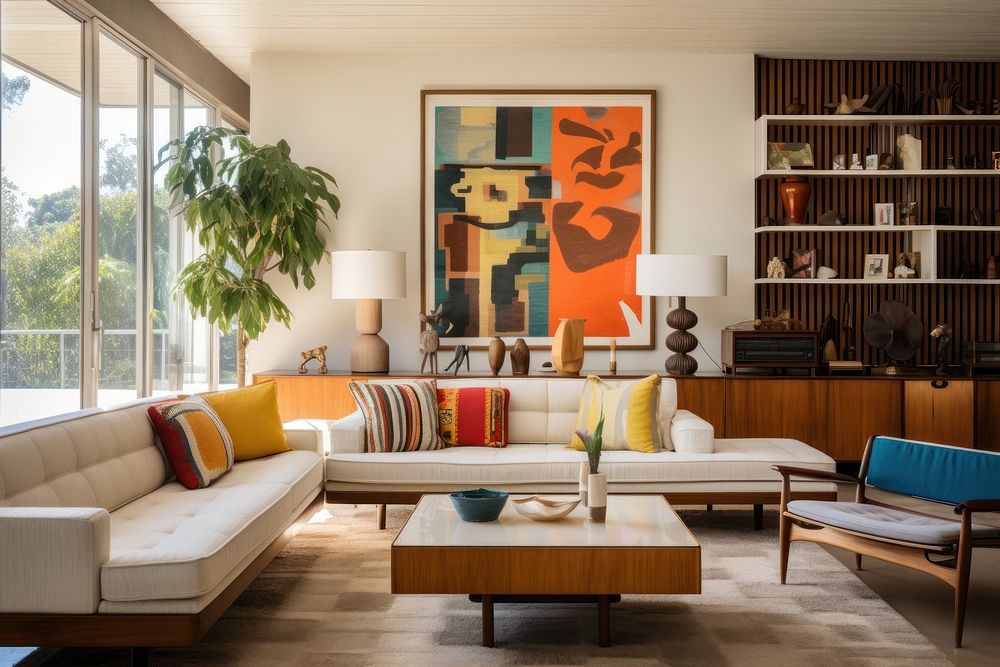 Mid century modern living room architecture furniture building. AI generated Image by rawpixel.