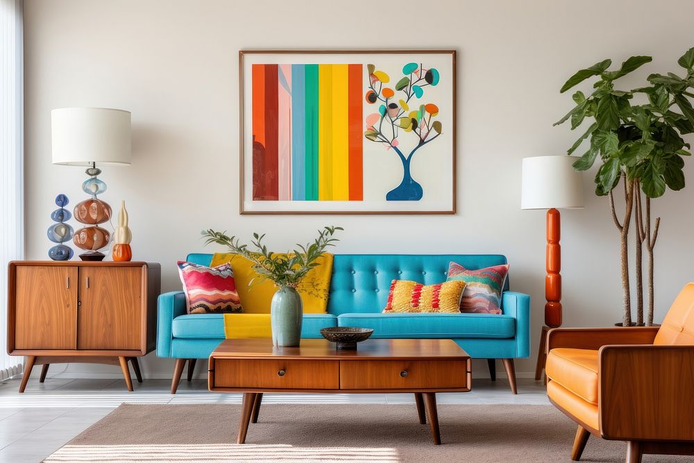 Mid century modern living room furniture art architecture. AI generated Image by rawpixel.