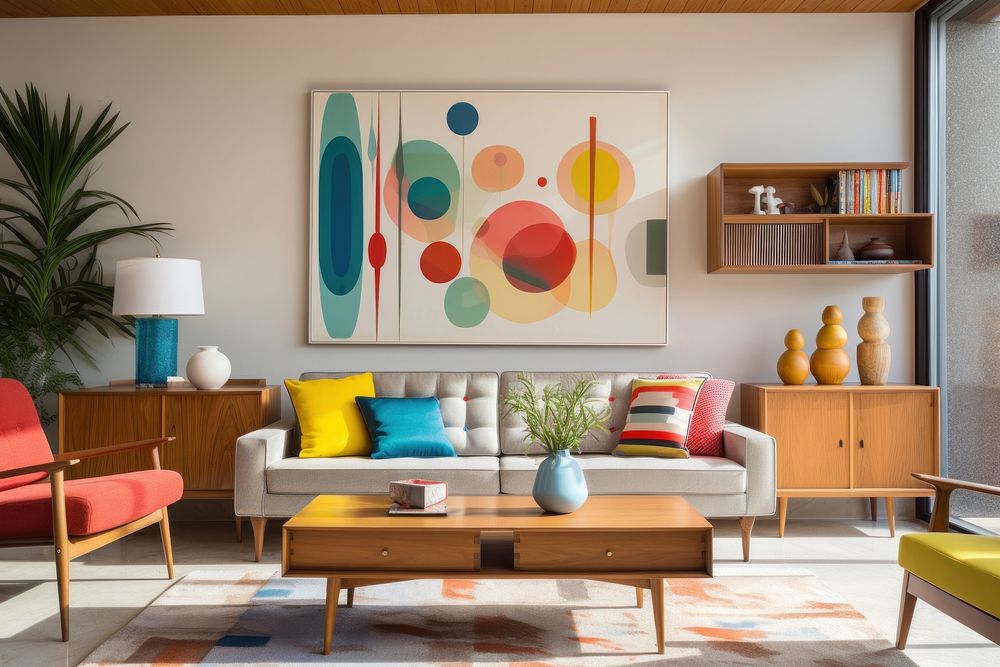 Mid century modern living room furniture art architecture. AI generated Image by rawpixel.