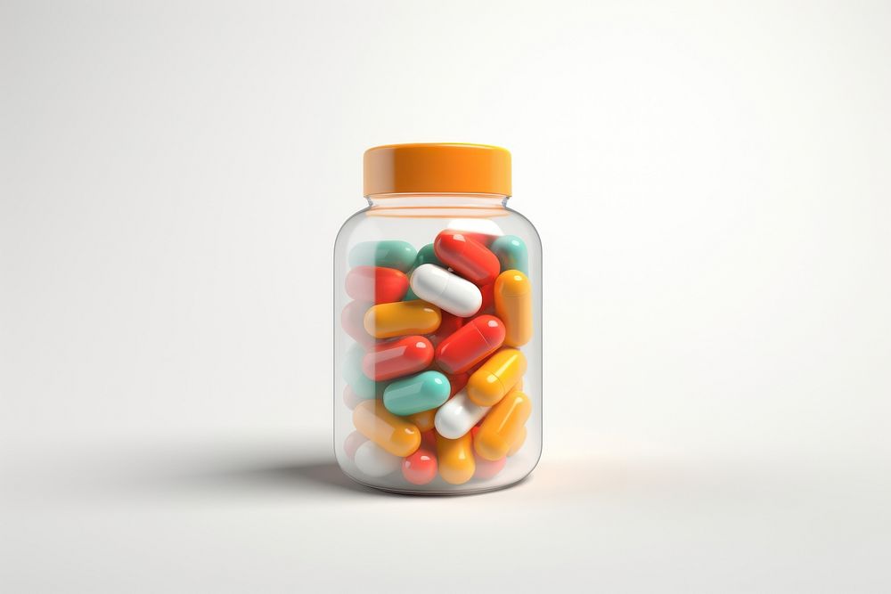 A medicine bottle filled with colorful medicine capsules pill white background antioxidant. AI generated Image by rawpixel.
