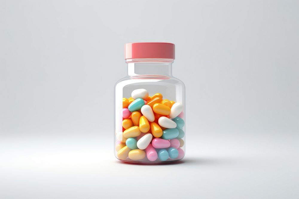 A medicine bottle filled with colorful medicine capsules pill jar white background. AI generated Image by rawpixel.