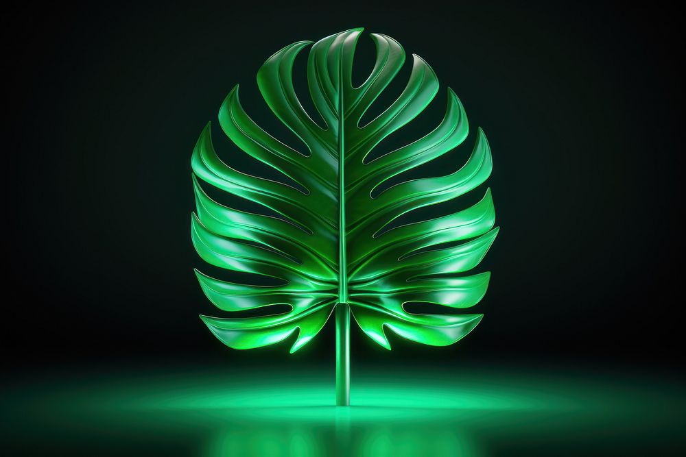 Green neon light in Monstera palm leaf shape plant illuminated accessories.