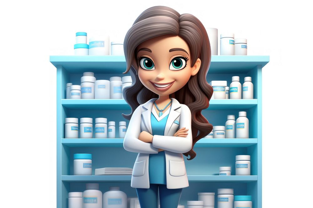 A smiling female pharmacist pharmacy cartoon shelf. AI generated Image by rawpixel.