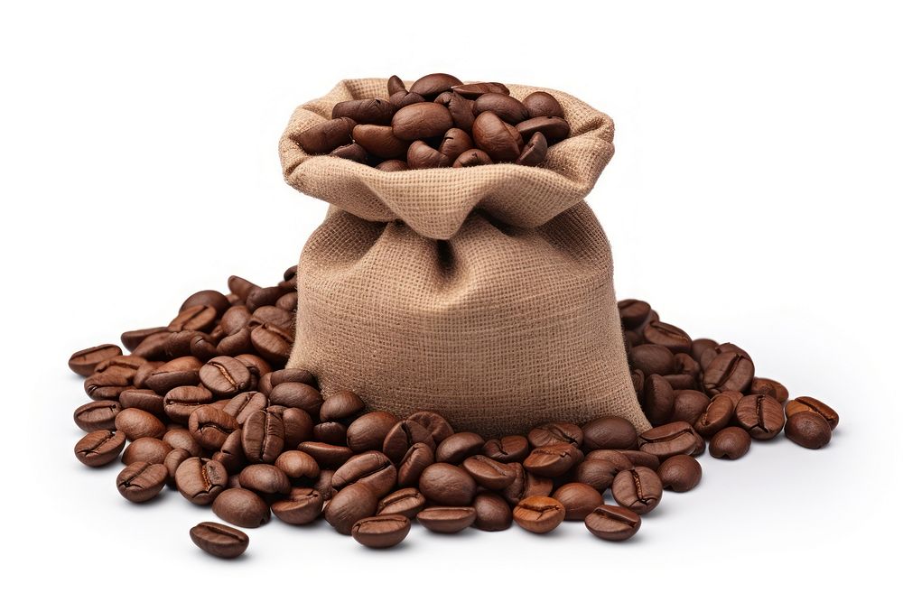Coffee beans in a small sack food bag white background.
