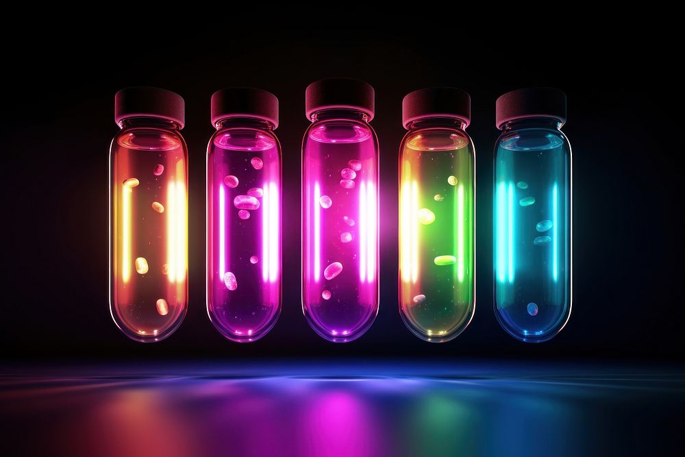 Four neon glow medicine capsules floating light biochemistry illuminated. AI generated Image by rawpixel.