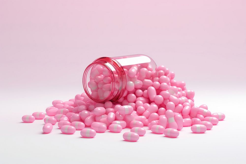Pink medicine tablets spilled from medicine bottle medication container abundance. AI generated Image by rawpixel.
