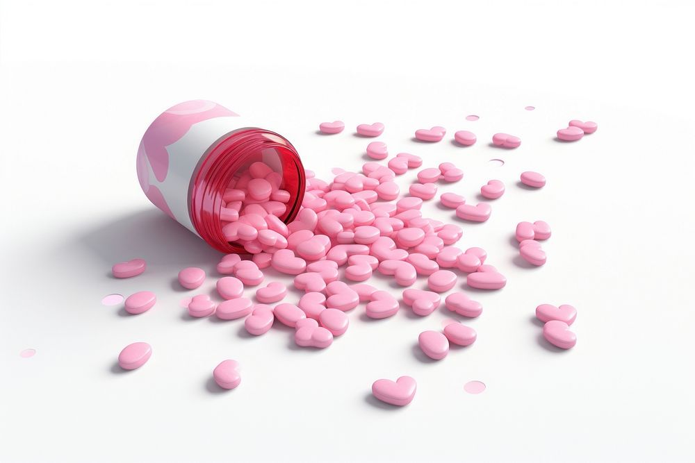 Pink medicine tablets spilled from medicine bottle white background investment medication. AI generated Image by rawpixel.