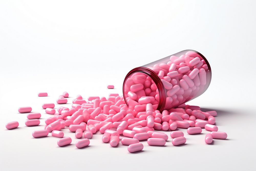 Pink medicine tablets spilled from medicine bottle medication pharmacy capsule. AI generated Image by rawpixel.