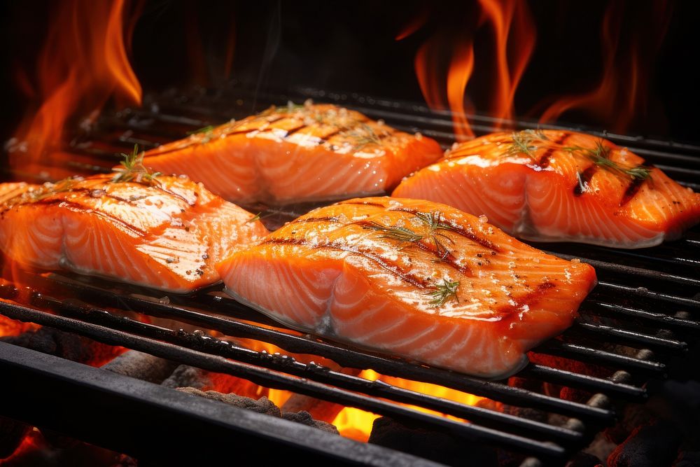 Salmon grilling seafood cooking. AI generated Image by rawpixel.