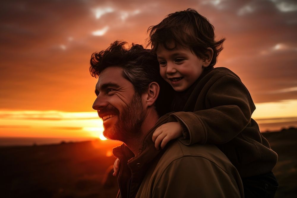 Father sunset laughing portrait.