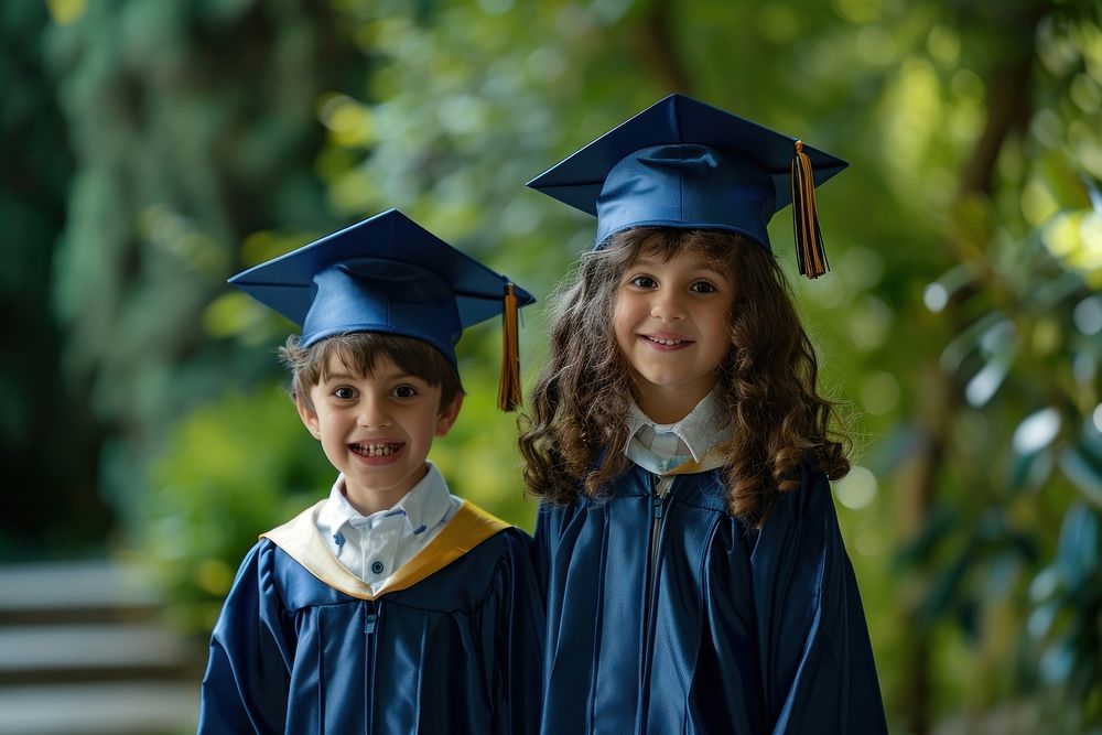 Kids wearing graduation gown and hat student child togetherness.